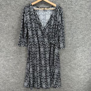 East Adeline Dress Women XL Black Geometric Sheath Midi V-Neck 3/4 Sleeve Casual